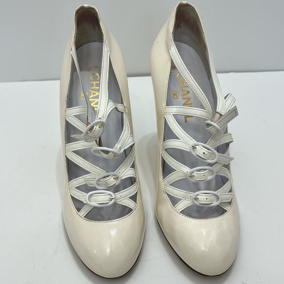 Chanel Buckle Mary Jane Wedge Pumps White Patent Leather Pumps | 39/US 8-8.5 - Picture 3 of 13